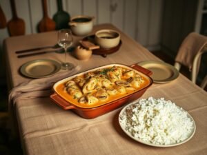 Estrogonofe de Frango com Arroz e Batata Palha Delícia