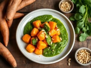 Nhoque de Batata-Doce com Molho de Orapronobis e Castanhas