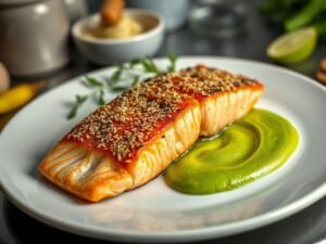 Salmão Grelhado com Crosta de Gergelim e Purê de Orapronobis