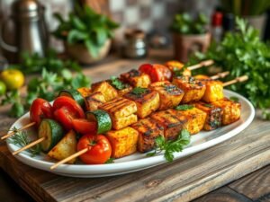 Espetinho de Tofu Marinado com Orapronobis e Legumes Grelhados