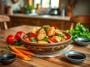 Frango Xadrez com Taioba e Pimentões