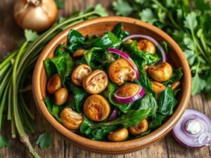 Bertalha Salteada com Cogumelos e Cebola Roxa