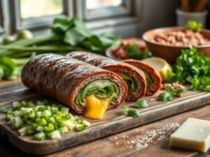 Rocambole de Carne Moída Recheado com Taioba e Queijo