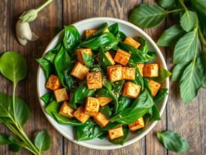 Bertalha Salteada com Cubos de Tofu e Gergelim