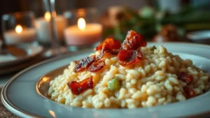 Risoto de Alho-Poró com Bacon Crocante