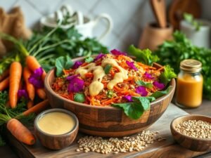 Salada Colorida com Grãos, Cenoura, Capuchinha e Tahine