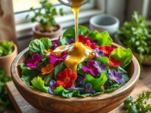 Salada de Alface Americana com Flores de Capuchinha e Molho de Mostarda e Mel