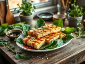 Tofu Grelhado com Taioba ao Shoyu e Gergelim