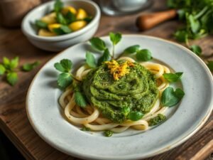 Pesto com Capuchinha, Alho-Poró e Limão Siciliano