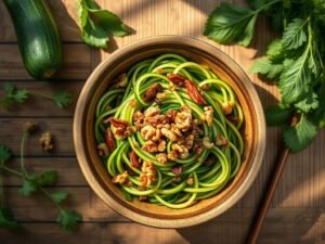 Macarrão de Abobrinha com Taioba e Nozes ao Alho