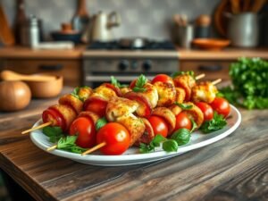 Espetinho de Tomate, Queijo e Peixinho-da-Horta Crocante